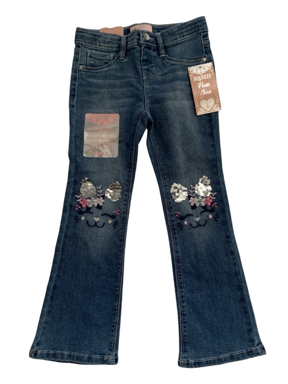 Dark Blue Denim Jeans with Sequin Floral Cat Knees Girl's 6 Casual Animal Print